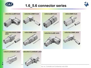 1.6_5.6 connector series

      1.6/5.6 R/A CLAMP PLUG     1.6/5.6 R/A CRIMP PLUG          1.6/5.6 CLAMP PLUG                  1.6/5.6 CRIMP PLUG




      1.6/5.6 BULKHEAD CRIMP     1.6/5.6 CRIMP JACK                                                 1.6/5.6 R/A CRIMP JACK
                                                                 1.6/5.6 R/A CLAMP JACK
      JACK




    1.6/5.6 P.C.B MOUNT JACK   1.6/5.6 R/A P.C.B MOUNT JACK




1
8
                                            Century Associates, Inc. Controlled and Confidential under NDA
 