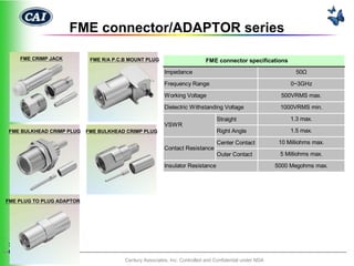 FME connector/ADAPTOR series

    FME CRIMP JACK          FME R/A P.C.B MOUNT PLUG                        FME connector specifications
                                                         Impedance                                              50Ω

                                                         Frequency Range                                      0~3GHz

                                                         Working Voltage                                   500VRMS max.

                                                         Dielectric Withstanding Voltage                  1000VRMS min.

                                                                                Straight                      1.3 max.
                                                         VSWR
 FME BULKHEAD CRIMP PLUG   FME BULKHEAD CRIMP PLUG                              Right Angle                   1.5 max.

                                                                                Center Contact            10 Milliohms max.
                                                         Contact Resistance
                                                                                Outer Contact             5 Milliohms max.

                                                         Insulator Resistance                            5000 Megohms max.




FME PLUG TO PLUG ADAPTOR




2
0
                                        Century Associates, Inc. Controlled and Confidential under NDA
 