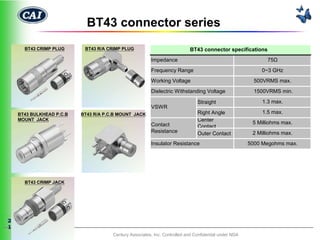 BT43 connector series
      BT43 CRIMP PLUG      BT43 R/A CRIMP PLUG                              BT43 connector specifications
                                                        Impedance                                             75Ω
                                                        Frequency Range                                    0~3 GHz
                                                        Working Voltage                                  500VRMS max.
                                                        Dielectric Withstanding Voltage                  1500VRMS min.

                                                                               Straight                     1.3 max.
                                                        VSWR
    BT43 BULKHEAD P.C.B   BT43 R/A P.C.B MOUNT JACK                            Right Angle                  1.5 max.
    MOUNT JACK                                                                 Center
                                                        Contact                                         5 Milliohms max.
                                                                               Contact
                                                        Resistance             Outer Contact            2 Milliohms max.
                                                        Insulator Resistance                           5000 Megohms max.




      BT43 CRIMP JACK




2
1
                                      Century Associates, Inc. Controlled and Confidential under NDA
 