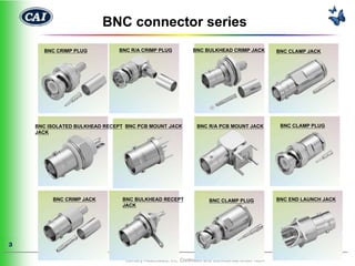 BNC connector series
      BNC CRIMP PLUG          BNC R/A CRIMP PLUG              BNC BULKHEAD CRIMP JACK            BNC CLAMP JACK




    BNC ISOLATED BULKHEAD RECEPT BNC PCB MOUNT JACK            BNC R/A PCB MOUNT JACK             BNC CLAMP PLUG
    JACK




         BNC CRIMP JACK        BNC BULKHEAD RECEPT                   BNC CLAMP PLUG              BNC END LAUNCH JACK
                               JACK




3

                                Century Associates, Inc. Controlled and Confidential under NDA
 