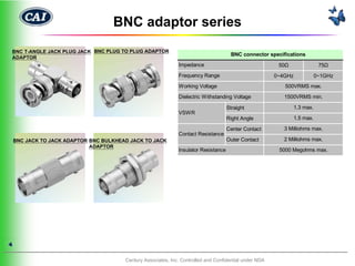 BNC adaptor series
BNC T-ANGLE JACK PLUG JACK BNC PLUG TO PLUG ADAPTOR
                                                                                        BNC connector specifications
ADAPTOR
                                                               Impedance                                  50Ω                 75Ω
                                                               Frequency Range                           0~4GHz              0~1GHz
                                                               Working Voltage                              500VRMS max.
                                                               Dielectric Withstanding Voltage              1500VRMS min.

                                                                                      Straight                    1.3 max.
                                                               VSWR
                                                                                      Right Angle                 1.5 max.

                                                                                      Center Contact        3 Milliohms max.
                                                               Contact Resistance
    BNC JACK TO JACK ADAPTOR BNC BULKHEAD JACK TO JACK                                Outer Contact         2 Milliohms max.
                             ADAPTOR
                                                               Insulator Resistance                       5000 Megohms max.




4

                                        Century Associates, Inc. Controlled and Confidential under NDA
 