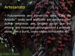 Artesanato
Futuramente será construída uma ‘’Casa do
Artesão’’ onde será realizado em parceria com
outras empresas um projeto social que ira
ensinar aos moradores circunvizinhos a produzir
obras com o buriti, como cestos brinquedos etc.
 