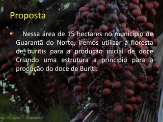 Proposta
• Nessa área de 15 hectares no município de
Guarantã do Norte, iremos utilizar a floresta
de buritis para a produção inicial de doce
Criando uma estrutura a principio para a
produção do doce de Buriti.
 