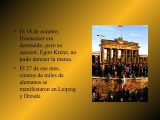 El 18 de octubre, Hoenecker era destituído, pero su sucesor, Egon Krenz, no pudo detener la marea. El 27 de ese mes, cientos de miles de alemanes se manifestaron en Leipzig y Dresde. 