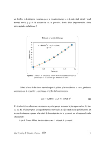 Red Creativa de Ciencia – Curso I – 2002 6
en donde x es la distancia recorrida, x0 es la posición inicial, v0 es la velocidad inicial, t es el
tiempo medio y g es la aceleración de la gravedad. Estos datos experimentales están
representados en la figura 2.
Distancia en función del tiempo
x = 489,35t
2
+ 155,7t - 0,0438
R
2
= 1
0
5
10
15
20
25
30
35
40
45
50
0 0,05 0,1 0,15 0,2
Tiempo (s)
Distancia(cm)
Sobre la base de los datos aportados por el gráfico y la ecuación de la curva, podemos
comparar con la ecuación 1, cambiando el orden de los monomios.
2
35,4897,1550438,0)( tttx ⋅+⋅+−= (2)
El término independiente en este caso es negativo ya que soltamos la placa por encima del haz
de luz del fotointerruptor. El segundo término representa la velocidad inicial por el tiempo. El
tercer término corresponde a la mitad de la aceleración de la gravedad por el tiempo elevado
al cuadrado.
A partir de este último término obtenemos el valor de la gravedad:
Figura 2: Distancia en función del tiempo. Con línea de tendencia (trazo
continuo) se ve la ecuación que determina la curva.
 