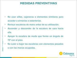 • No usar sillas, cajoneras o elementos similares para
acceder a armarios o estanterías.
• Revisar escaleras de mano antes de su utilización.
• Ascender y descender de la escalera de cara hacia
ella.
• Apoyar la escalera de modo que forme un ángulo de
75º con el piso.
• No subir o bajar las escaleras con elementos pesados
o con las manos ocupadas.
MEDIDAS PREVENTIVAS
 