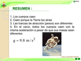 Inicio
RESUMEN :
1. Los cuerpos caen
2. Caen porque la Tierra los atrae
3. Las fuerzas de atracción (pesos) son diferentes
4. En el vacío, todos los cuerpos caen con la
misma aceleración a pesar de que sus masas sean
diferentes
2
s
/
m
8
.
9
g 
<<Regresa CONTENIDO TEMÁTICO
 