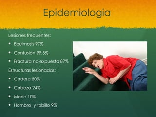 Epidemiologia
Lesiones frecuentes:
 Equimosis 97%
 Contusión 99.5%
 Fractura no expuesta 87%
Estructuras lesionadas:
 Cadera 50%
 Cabeza 24%
 Mano 10%
 Hombro y tobillo 9%
 