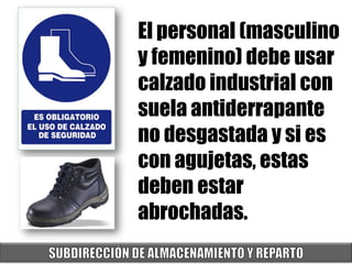 El personal (masculino
y femenino) debe usar
calzado industrial con
suela antiderrapante
no desgastada y si es
con agujetas, estas
deben estar
abrochadas.