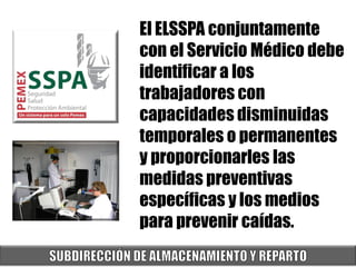 El ELSSPA conjuntamente
con el Servicio Médico debe
identificar a los
trabajadores con
capacidades disminuidas
temporales o permanentes
y proporcionarles las
medidas preventivas
específicas y los medios
para prevenir caídas.