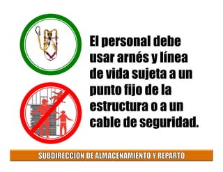 El personal debe
usar arnés y línea
de vida sujeta a un
punto fijo de lapunto fijo de la
estructura o a un
cable de seguridad.