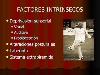 FACTORES INTRINSECOS Deprivasión sensorial Visual Auditiva Propiocepción Alteraciones posturales Laberinto Sistema extrapiramidal 