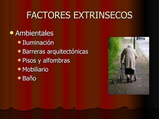 FACTORES EXTRINSECOS Ambientales Iluminación Barreras arquitectónicas Pisos y alfombras Mobiliario Baño 