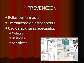 PREVENCION Evitar polifarmacia Tratamiento de osteoporosis Uso de auxiliares adecuados Muletas Bastones Andaderas 