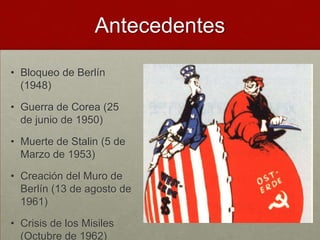 Antecedentes

• Bloqueo de Berlín
  (1948)

• Guerra de Corea (25
  de junio de 1950)

• Muerte de Stalin (5 de
  Marzo de 1953)

• Creación del Muro de
  Berlín (13 de agosto de
  1961)

• Crisis de los Misiles
  (Octubre de 1962)
 