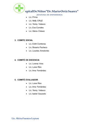 HospitalDeNiños”Dr.MarioOrtizSuarez”
JEFATURA DE ENFERMERIA
Lic.AlciraFuentesLeyton
 Lic. Prima
 Lic. Nelly CRUZ
 Lic. Yenny Velasco
 Lic. Eva Corrales
 Lic. Gloria Chávez
3. COMITE SOCIAL
 Lic. Edith Contreras
 Lic. Rosario Pacheco
 Lic. Lourdes Arredondo
4. COMITÉ DE DOCENCIA
 Lic. Lorena Vera
 Lic. Luisa Ríos
 Lic. Irma Fernández
5. COMITÉ EVALUADOR
 Lic. Luisa Ríos
 Lic. Irma Fernández
 Lic. Yenny Velasco
 Lic. Isabel Saucedo
 