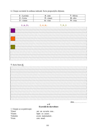 101
6. Citeşte cuvintele în ordinea indicată. Scrie propoziţiile obţinute.
1 – Lavinia 4 - este 7 - Silvia
2 – Liviu 5 - vineri 8 - elev
3 – vinete 6 - vine 9 - vrea
1 , 6 , 5 ; 2 , 4 , 8 ; 7 , 9 , 3
7. Scrie litera V
data……………….
v-V
Exerciţii de dezvoltare
1. Uneşte ce se potriveşte:
Vineri are un acvariu nou .
Vioara lapte cu cacao .
Valentin avem matematică .
Vrem este nouă .
 