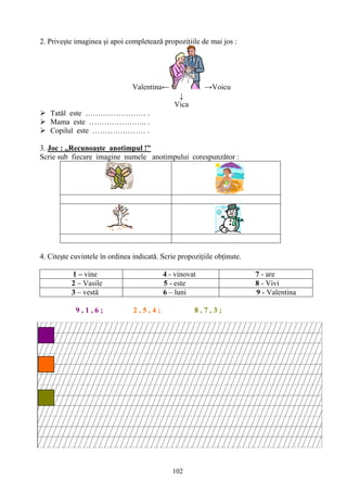 102
2. Priveşte imaginea şi apoi completează propoziţiile de mai jos :
Valentina← →Voicu
↓
Vica
 Tatăl este …………………… .
 Mama este ………………….. .
 Copilul este ………………… .
3. Joc : „Recunoaşte anotimpul !”
Scrie sub fiecare imagine numele anotimpului corespunzător :
4. Citeşte cuvintele în ordinea indicată. Scrie propoziţiile obţinute.
1 – vine 4 - vinovat 7 - are
2 – Vasile 5 - este 8 - Vivi
3 – vestă 6 – luni 9 - Valentina
9 , 1 , 6 ; 2 , 5 , 4 ; 8 , 7 , 3 ;
 