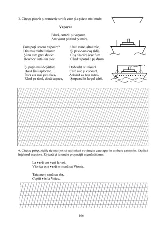 106
3. Citeşte poezia şi transcrie strofa care ţi-a plăcut mai mult:
Vaporul
Bărci, corăbii şi vapoare
Am văzut plutind pe mare.
Cum poţi desena vapoare? Unul mare, altul mic,
Din mai multe linioare Şi pe ele-un coş ridic,
Şi nu este greu deloc: Coş din care iese fum
Desenezi întâi un cioc, Când vaporul e pe drum.
Şi puţin mai depărtate Dedesubt o linioară
Două linii aplecate. Care suie şi coboară,
Între ele mai poţi face, Arătând ca faţa mării,
Rând pe rând, două capace, Şerpuind în largul zării.
4. Citeşte propoziţiile de mai jos şi subliniază cuvintele care apar în ambele exemple. Explică
înţelesul acestora. Crează şi tu unele propoziţii asemănătoare:
La vară vor veni la voi.
Viorica este vară primară cu Violeta.
Tata are o cană cu vin.
Copiii vin la Voicu.
 
