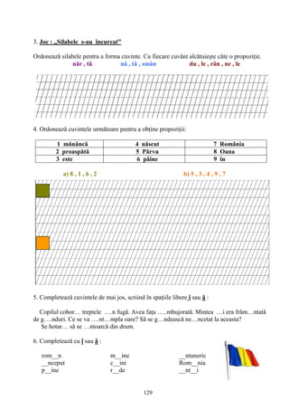 129
3. Joc : „Silabele s-au încurcat”
Ordonează silabele pentru a forma cuvinte. Cu fiecare cuvânt alcătuieşte câte o propoziţie.
năr , tâ nă , tâ , smân du , le , rân , ne , le
4. Ordonează cuvintele următoare pentru a obţine propoziţii:
1 mănâncă 4 născut 7 România
2 proaspătă 5 Pârvu 8 Oana
3 este 6 pâine 9 în
a) 8 , 1 , 6 , 2 b) 5 , 3 , 4 , 9 , 7
5. Completează cuvintele de mai jos, scriind în spaţiile libere î sau â :
Copilul cobor… treptele ….n fugă. Avea faţa …..mbujorată. Mintea …i era frăm…ntată
de g….nduri. Ce se va ….nt…mpla oare? Să se g…ndească ne…ncetat la aceasta?
Se hotar… să se …ntoarcă din drum.
6. Completeazǎ cu î sau â :
rom__n m__ine __ntuneric
__nceput c__ini Rom__nia
p__ine r__de __nt__i
 