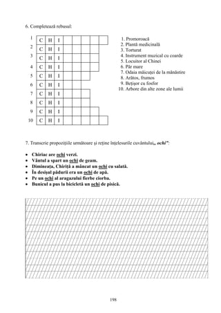 198
C H I
C H I
C H I
C H I
C H I
I
C H
C H
C H I
C H I
I
C H I
1
2
3
4
5
6
7
8
9
10
6. Completează rebusul:
7. Transcrie propoziţiile următoare şi reţine înţelesurile cuvântului,, ochi”:
Chiriac are ochi verzi.
Vântul a spart un ochi de geam.
Dimineaţa, Chiriţă a mâncat un ochi cu salată.
În desişul pădurii era un ochi de apă.
Pe un ochi al aragazului fierbe ciorba.
Bunicul a pus la bicicletă un ochi de pisică.
1. Promoroacă
2. Plantă medicinală
3. Torturat
4. Instrument muzical cu coarde
5. Locuitor al Chinei
6. Păr mare
7. Odaia măicuţei de la mănăstire
8. Arătos, frumos
9. Beţişor cu fosfor
10. Arbore din alte zone ale lumii
 