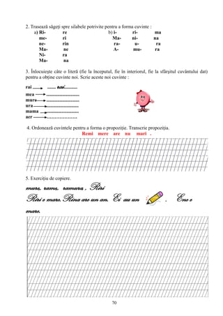 70
2. Trasează săgeţi spre silabele potrivite pentru a forma cuvinte :
a) Ri- re b) i- ri- ma
me- ri Ma- ni- na
ne- rin ra- u- ra
Ma- ne A- mu- ra
Ni- ra
Ma- na
3. Înlocuieşte câte o literă (fie la începutul, fie în interiorul, fie la sfârşitul cuvântului dat)
pentru a obţine cuvinte noi. Scrie aceste noi cuvinte :
rai ....... rai...........
mea ...........................
mure ...........................
ura ............................
mama ...........................
aer ……………….
4. Ordonează cuvintele pentru a forma o propoziţie. Transcrie propoziţia.
Remi mere are nu mari .
5. Exerciţiu de copiere.
mure,, rame,, ramura, , Riri
Riri e mare.Rina are un an. Ei au un . Ene e
mare.
 