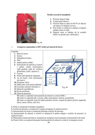 24
Fig. 48
PoziŃia corectă la menghină:
1. Piciorul stâng in faŃă;
2. Corpul puŃin răsucit;
3. Piciorul drept in spate la 60-70 cm faŃă de
cel stâng ( la stângaci invers);
4. Pila fixată cu mânerul in palmă şi degetul
arătător întins in faŃă;
5. Degetul mare şi arătător de la cealaltă
mână vor prinde uşor vârful pilei;
1. Aranjarea ergonomica a SDV-urilor pe bancul de lucru;
Legenda:
1. Banc de lucru;
2. Scaun;
3. Menghină de banc;
4. Pilă;
5. Suport pentru schiŃă;
6. Instrumente de măsură şi control
( şubler, ruletă, micrometru,
riglă gradată, riglă de verificat
planeitatea, echer, raportor );
7. Ciocan;
8. Placă individuală de îndreptat;
9. Ac de trasat ( alte instrumente
de trasat );
10. Punctator, dorn;
11. Daltă (alte scule pentru debitat);
12. Ferestrău manual ( bomfaier );
13. Material semifabricat;
14. Piesă semifinită;
15. Plasă de protecŃie;
Fig. 49
S1 sertar ce cuprinde instrumentele de măsură si control (IMC).
S2 sertar ce cuprinde pile, ciocane, dălŃi, punctatoare, dornuri, şurubelniŃă.
S3 sertar ce cuprinde scule de mână acŃionate electric, maşină de găurit, polizor unghiular
(flex), tarozi, filiere, chei fixe.
1. Pilele se aranjează în dreapta menghinei.
2. Sculele de percuŃie se aranjează în stânga menghinei la mijlocul mesei.
3. Instrumentele de trasat se aranjează deasupra sculelor de percuŃie.
4. Instrumentele de măsură si control se aranjează în partea stângă a sculelor de percuŃie, la
mijlocul mesei.
5. Materialele (materia primă) se aranjează pe marginea mesei deasupra instrumentelor de trasat.
6. Piesele finite se aranjează deasupra instrumentelor de măsură si control, la marginea mesei.
 