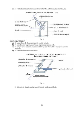 51
e) Se verifică calitatea lucrării cu ajutorul echerului, şublerului, raportorului, etc.
DISPOZITIV MANUAL DE INDOIT łEVI
Fig. 90
MODUL DE LUCRU:
a) Se aduce furca de fixare a rolelor în poziŃia iniŃială.
b) Se introduce Ńeava prin gaura bridei şi printre cele două role.
c) Se roteşte furca conform direcŃiei stabilite şi se realizează îndoirea Ńevii conform
desenului.
d) Se verifică calitatea îndoirii vizual.
INDOIREA MATERIALELOR CU SECłIUNE PLINĂ
ÎN DISPOZITIVUL DE ÎNDOIT
Fig. 91
Se foloseşte în situaŃia unei producŃii în serie mică sau mijlocie.
 