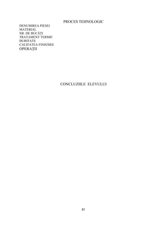 81
PROCES TEHNOLOGIC
DENUMIREA PIESEI
MATERIAL
NR. DE BUCĂłI
TRATAMENT TERMIC
DURITATE
CALITATEA FINISĂRII
OPERAłII
CONCLUZIILE ELEVULUI
 