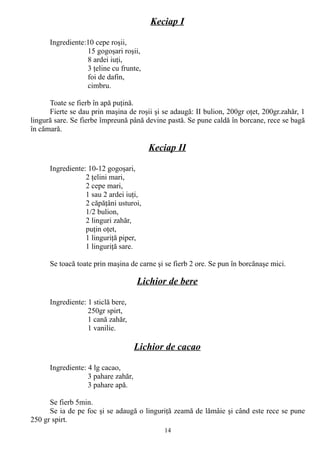 Keciap I
Ingrediente:10 cepe roşii,
15 gogoşari roşii,
8 ardei iuţi,
3 ţeline cu frunte,
foi de dafin,
cimbru.
Toate se fierb în apă puţină.
Fierte se dau prin maşina de roşii şi se adaugă: II bulion, 200gr oţet, 200gr.zahăr, 1
lingură sare. Se fierbe împreună până devine pastă. Se pune caldă în borcane, rece se bagă
în cămară.

Keciap II
Ingrediente: 10-12 gogoşari,
2 ţelini mari,
2 cepe mari,
1 sau 2 ardei iuţi,
2 căpăţâni usturoi,
1/2 bulion,
2 linguri zahăr,
puţin oţet,
1 linguriţă piper,
1 linguriţă sare.
Se toacă toate prin maşina de carne şi se fierb 2 ore. Se pun în borcănaşe mici.

Lichior de bere
Ingrediente: 1 sticlă bere,
250gr spirt,
1 cană zahăr,
1 vanilie.

Lichior de cacao
Ingrediente: 4 lg cacao,
3 pahare zahăr,
3 pahare apă.
Se fierb 5min.
Se ia de pe foc şi se adaugă o linguriţă zeamă de lămâie şi când este rece se pune
250 gr spirt.
14

 