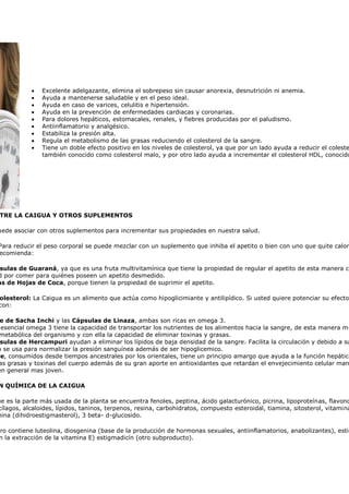 Excelente adelgazante, elimina el sobrepeso sin causar anorexia, desnutrición ni anemia.
               Ayuda a mantenerse saludable y en el peso ideal.
               Ayuda en caso de varices, celulitis e hipertensión.
               Ayuda en la prevención de enfermedades cardiacas y coronarias.
               Para dolores hepáticos, estomacales, renales, y fiebres producidas por el paludismo.
               Antiinflamatorio y analgésico.
               Estabiliza la presión alta.
               Regula el metabolismo de las grasas reduciendo el colesterol de la sangre.
               Tiene un doble efecto positivo en los niveles de colesterol, ya que por un lado ayuda a reducir el coleste
               también conocido como colesterol malo, y por otro lado ayuda a incrementar el colesterol HDL, conocido




 TRE LA CAIGUA Y OTROS SUPLEMENTOS

uede asociar con otros suplementos para incrementar sus propiedades en nuestra salud.

Para reducir el peso corporal se puede mezclar con un suplemento que inhiba el apetito o bien con uno que quite calorí
ecomienda:

 sulas de Guaraná, ya que es una fruta multivitamínica que tiene la propiedad de regular el apetito de esta manera co
d por comer para quiénes poseen un apetito desmedido.
as de Hojas de Coca, porque tienen la propiedad de suprimir el apetito.

 olesterol: La Caigua es un alimento que actúa como hipoglicimiante y antilipídico. Si usted quiere potenciar su efecto
 con:

 e de Sacha Inchi y las Cápsulas de Linaza, ambas son ricas en omega 3.
  esencial omega 3 tiene la capacidad de transportar los nutrientes de los alimentos hacia la sangre, de esta manera me
 metabólica del organismo y con ella la capacidad de eliminar toxinas y grasas.
 sulas de Hercampuri ayudan a eliminar los lípidos de baja densidad de la sangre. Facilita la circulación y debido a su
a se usa para normalizar la presión sanguínea además de ser hipoglicemico.
de, consumidos desde tiempos ancestrales por los orientales, tiene un principio amargo que ayuda a la función hepática
 as grasas y toxinas del cuerpo además de su gran aporte en antioxidantes que retardan el envejecimiento celular man
en general mas joven.

N QUÍMICA DE LA CAIGUA

ue es la parte más usada de la planta se encuentra fenoles, peptina, ácido galacturónico, picrina, lipoproteínas, flavono
cílagos, alcaloides, lípidos, taninos, terpenos, resina, carbohidratos, compuesto esteroidal, tiamina, sitosterol, vitamina
mina (dihidroestigmasterol), 3 beta- d-glucosido.

uro contiene luteolina, diosgenina (base de la producción de hormonas sexuales, antiinflamatorios, anabolizantes), estig
 n la extracción de la vitamina E) estigmadicín (otro subproducto).
 