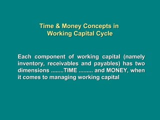 Time & Money Concepts in
Time & Money Concepts in
Working Capital Cycle
Working Capital Cycle
Each component of working capital (namely
Each component of working capital (namely
inventory, receivables and payables) has two
inventory, receivables and payables) has two
dimensions ........TIME ......... and MONEY, when
dimensions ........TIME ......... and MONEY, when
it comes to managing working capital
it comes to managing working capital
 