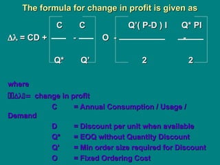 The formula for change in profit is given as
The formula for change in profit is given as
C C Q’( P-D ) I Q* PI
C C Q’( P-D ) I Q* PI

 = CD + - O - -
= CD + - O - -
Q* Q’ 2
Q* Q’ 2 2
2
where
where


change in profit
change in profit
C
C = Annual Consumption / Usage /
= Annual Consumption / Usage /
Demand
Demand
D
D = Discount per unit when available
= Discount per unit when available
Q*
Q* = EOQ without Quantity Discount
= EOQ without Quantity Discount
Q’
Q’ = Min order size required for Discount
= Min order size required for Discount
O
O = Fixed Ordering Cost
= Fixed Ordering Cost
 