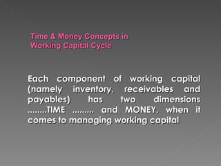 Each component of working capital
(namely inventory, receivables and
payables)           has   two   dimensions
........TIME ......... and MONEY, when it
comes to managing working capital
 