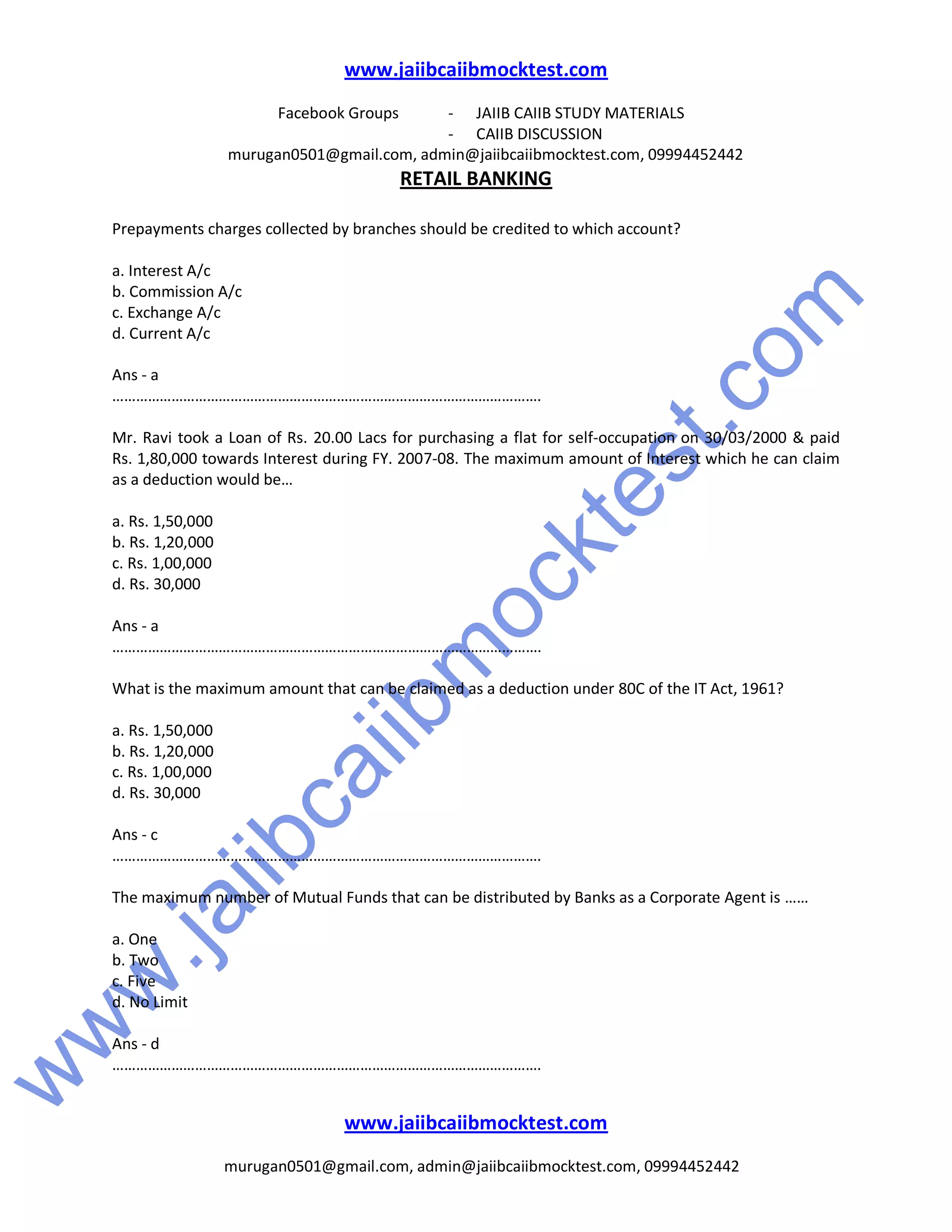 Caiib Retail Banking Previous Question Papers Caiib retail banking sample questions by murugan | PDF