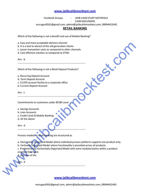 Caiib Retail Banking Previous Question Papers Caiib retail banking sample questions by murugan | PDF