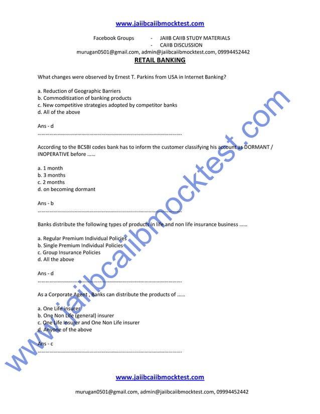 Caiib Retail Banking Previous Question Papers Caiib retail banking sample questions by murugan | PDF