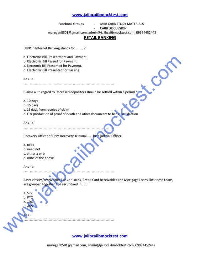 Caiib Retail Banking Previous Question Papers Caiib retail banking sample questions by murugan | PDF