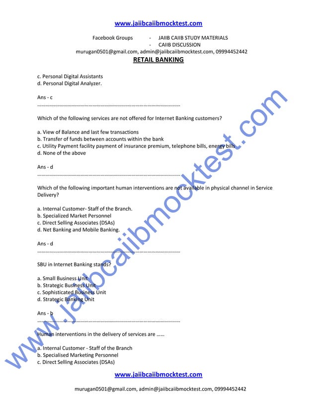Caiib Retail Banking Previous Question Papers Caiib retail banking sample questions by murugan | PDF