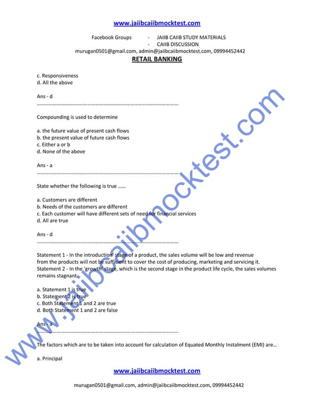 Caiib Retail Banking Previous Question Papers Caiib retail banking sample questions by murugan | PDF