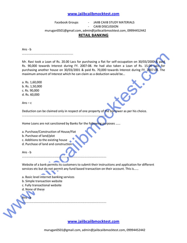 Caiib Retail Banking Previous Question Papers Caiib retail banking sample questions by murugan | PDF