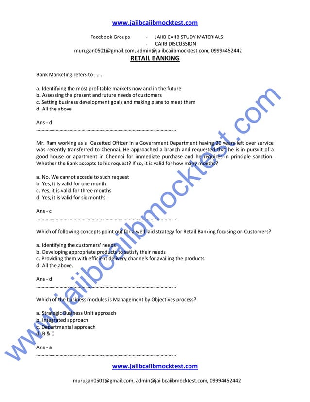 Caiib Retail Banking Previous Question Papers Caiib retail banking sample questions by murugan | PDF