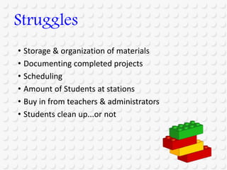 • Storage & organization of materials
• Documenting completed projects
• Scheduling
• Amount of Students at stations
• Buy in from teachers & administrators
• Students clean up...or not
Struggles
 