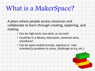 A place where people access resources and
collaborate to learn through creating, exploring, and
making
• Can be high-tech, low-tech, or no-tech
• Could be in a library, classroom, common area,
anywhere!
• Can be open-ended (create, explore) or task
oriented (a problem to solve, challenge to try, etc.)
What is a MakerSpace?
 