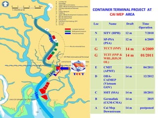 I CONTAINER TERMINAL PROJECT  AT  CAI MEP   AREA -14m -14m -12 m G Loc Name  Draft Time Operation N SITV (HPH) 12 m 7/2010 I SP-PSA (PSA) 12 m 6/2009 G TCCT (SNP) 14 m 6/2009 G TCIT (SNP & WHL,HJS,MOL) 14 m 01/2011 E CMIT (APMT) 14 m 04/2011 D ODA-CAIMEP (Vietnam GOV) 14 m 12/2012 C SSIT (SSA) 14 m 10/2011 B Germalink (CGM-CMA) 14 m 2015 A Cai Mep Downstream 14 m postponed 
