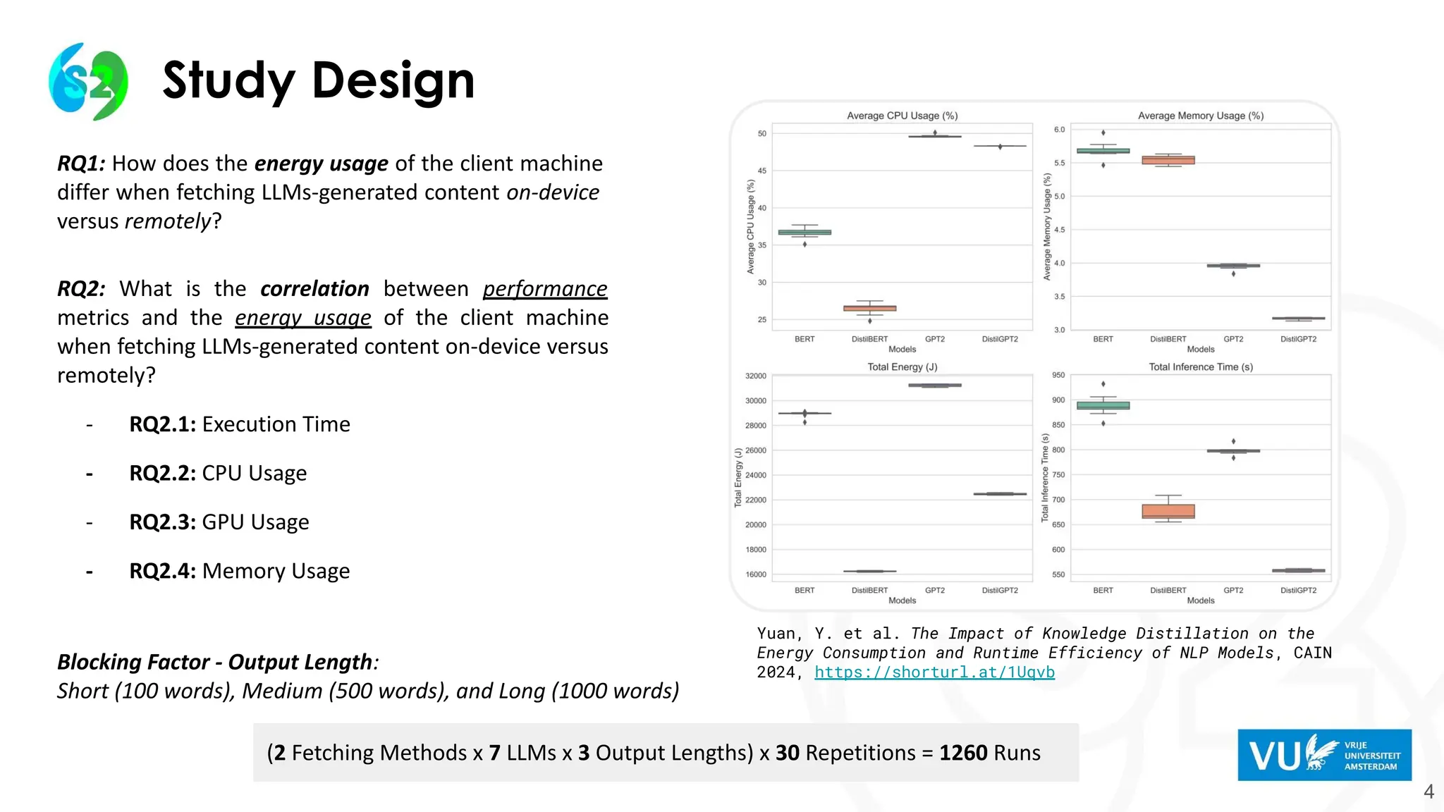 Study Design
4
RQ1: How does the energy usage of the client machine
differ when fetching LLMs-generated content on-device
versus remotely?
RQ2: What is the correlation between performance
metrics and the energy usage of the client machine
when fetching LLMs-generated content on-device versus
remotely?
- RQ2.1: Execution Time
- RQ2.2: CPU Usage
- RQ2.3: GPU Usage
- RQ2.4: Memory Usage
(2 Fetching Methods x 7 LLMs x 3 Output Lengths) x 30 Repetitions = 1260 Runs
Blocking Factor - Output Length:
Short (100 words), Medium (500 words), and Long (1000 words)
Yuan, Y. et al. The Impact of Knowledge Distillation on the
Energy Consumption and Runtime Efficiency of NLP Models, CAIN
2024, https://shorturl.at/1Uqvb
 