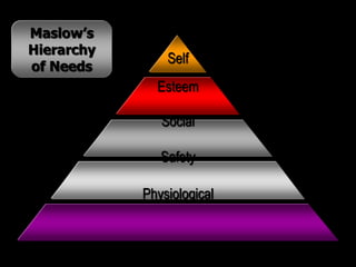 Maslow’s
Hierarchy
of Needs
Self
Esteem
Social
Safety
Physiological
 