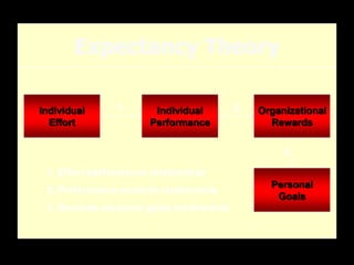 Expectancy Theory
3. Rewards-personal goals relationship
1. Effort-performance relationship
2. Performance-rewards relationship
Individual
Effort
Individual
Performance
Personal
Goals
Organizational
Rewards
1 2
3
 