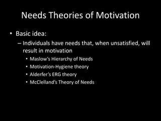 Needs Theories of Motivation
• Basic idea:
– Individuals have needs that, when unsatisfied, will
result in motivation
• Maslow’s Hierarchy of Needs
• Motivation-Hygiene theory
• Alderfer’s ERG theory
• McClelland’s Theory of Needs
 
