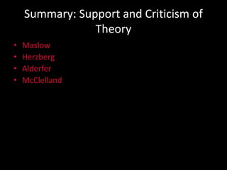 Summary: Support and Criticism of
Theory
• Maslow
• Herzberg
• Alderfer
• McClelland
 